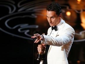 Matthew McConaughey accepts the Oscar for best actor for his role in "Dallas Buyers Club" at the 86th Academy Awards in Hollywood, California March 2, 2014.  REUTERS/Lucy Nicholson