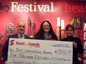 Scotiabank St. Thomas has signed on as a season sponsor for Port Stanley Festival Theatre. Presenting a cheque to theatre manager Melissa Kempf, centre, are Jason Dykes, left, Scotiabank financial advisor, and Maria Santos, branch manager. Also a season sponsor is Elgin County Tourism. (Contributed/Port Stanley Festival Theatre)