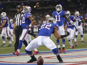 Buffalo Bills Fred Jackson (22) celebrates a touchdown against the Atlanta Falcons during last year's game in Toronto. (Jack Boland/Toronto Sun/QMI Agency)