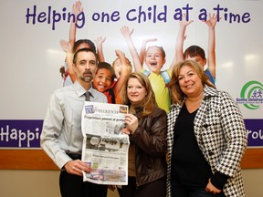 Patricia Guernsey, chair of Quinte Children's Foundation's board of directors, right; Connie Reid, the foundations' executive director and Jason Hawley, director of distribution at The Intelligencer, invite residents to support the foundation by subscribing to Belleville's daily newspaper.