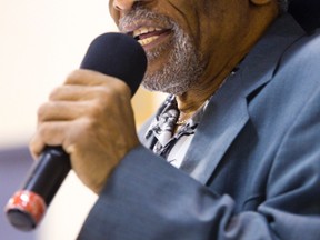 Blues great Mac Arnold plays the blues for students at Lester B Pearson school for the Arts in London on Wednesday. Mike Hensen/The London Free Press/QMI Agency