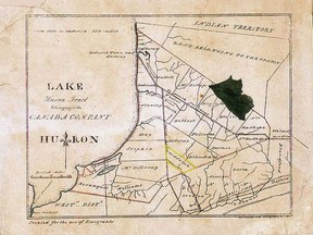 This image shows “Map of the lands of the Huron Tract belonging to the Canada Company” by Samuel Oliver Tazewell.
National Archives of Canada, NMC 002860