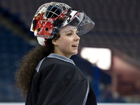 Team Canada goaltender Shannon Szabados practices with the Edmonton Oilers at Rexall Place in Edmonton, Alta., on Wednesday, March 5, 2014. Szabados was part of the gold medal winning women's hockey team at the Sochi 2014 Winter Olympics in February. (Ian Kucerak/Edmonton Sun)
