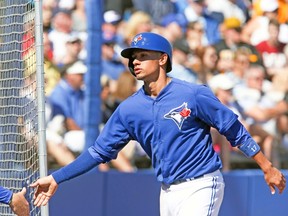 Ryan Goins celebrates after scoring a run. (VERONICA HENRI/Toronto Sun)