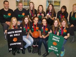 Mitch Hepburn Public School's senior girls basketball team has turned in a medal-winning season, claiming gold for Thames Valley District South Region and silver on the weekend in district-wide competition. Front row: Kyleigh Stubbs, left, Rina Xhigolli, Addie Mailhot, Chloe Tunstill, Ashley Wheeler, Ashley Watson. Back row: Trent Vindasius, left, Larry Westaway, coaches, Faith Hedges, Mackenzie Johnston, Jalyn Smart, Mikella Wilson, Jenny Parrack, coach. Absent: players Jesse Cline and Taylor Kilday, coach Jack Westaway. Eric Bunnell/Times-Journal