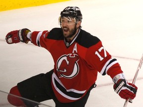 New Jersey Devils forward Ilya Kovalchuk celebrates after scoring on the New York Rangers during Game 6 of the NHL Eastern Conference final in Newark, New Jersey, May 25, 2012. (REUTERS/Adam Hunger)