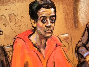 Robel Phillipos, the teenager accused of lying to FBI agents in the Boston Marathon bombing investigation, appears in court in Boston, Massachusetts in this May 6, 2013 court sketch. (REUTERS/Jane Rosenberg)