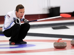 Edmonton's Brendan Bottcher yells instructions to teammates during a game against B.C.'s Brent Pierce, during the Direct Horizontal Drilling Fall Classic at the Crestwood Curling Club, 14317 - 96 Ave., in Edmonton, Alta., Sunday Oct. 13, 2013. David Bloom/Edmonton Sun/QMI Agency