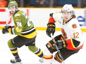 Belleville Bulls leading scorer Remi Elie was kept off the scoresheet Thursday night in North Bay where the Bulls were trounced 8-1 by the hometown Battalion. (JENNIFER HAMILTON-McCHARLES/North Bay Nugget)