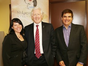 JOHN LAPPA/THE SUDBURY STAR   
Former politician Bob Rae, middle, meets with Angela Recollet, executive director of the Shkagamik-Kwe Health Centre, and Hans Matthews, board chair of the centre, at the health centre on Thursday.