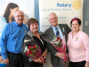 The launch of the 14th annual Roses for Rotary campaign took place at St. Andrew's Residence on March 6. A project of the Rotary Club of Chatham Sunrise, this year's profit will go toward the construction of the Chatham-Kent Hospice. From left are club president John Lawrence, Laurie Nash, hospice fundraising committee chair John Case and Rotary for Roses chair Brandon Stuart.