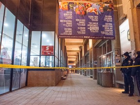 Police stand guard outside the scene of a shooting at York University late Friday. (VICTOR BIRO/Special to the Toronto Sun)