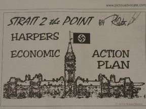 This political cartoon appeared in the Pictou Advocate on Wednesday, March 5, 2014. The newspaper's editor has said the cartoon was "simply meant as a satire, or exaggeration, on Harper's Economic Action Plan and its implications for some segments of the community ... We regret that the cartoon was not received in the spirit with which it was intended." (Photo: QMI Agency)