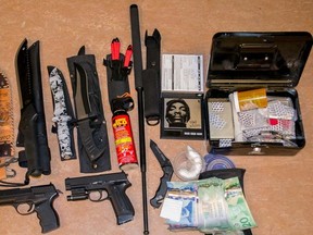 A drug bust at a King Street West home on Thursday netted what is believed to be cocaine and diluadid pills as well as a cache of weapons including a number of knives and a pair of replica pellet handgun
Kingston Police