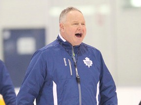 Leaf coach Randy Carlyle during practice at the Mastercard Centre on Friday. (STAN BEHAL/Toronto Sun)