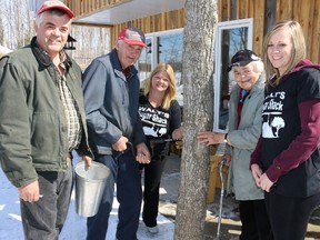 Bruce Bell/The Intelligencer
Maple in the County held its media kickoff on Friday at Walt’s Sugar Shack in Consecon. The Walt family is one of three new maple syrup producers joining the popular festival Prince Edward County festival for the first time. Pictured are three generations of the Walt family tapping a tree outside their sugar shack (from left) Brian, his father John, wife Karen, mother Marion and daughter Lisa.