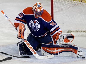 Despite statistics that suggest the Oilers are struggling, the team has relied in part on very good goaltending, like Ben Scrivens's performance on Thursday, to go 7-2-2 in the last 11 games. (David Bloom, Edmonton Sun)