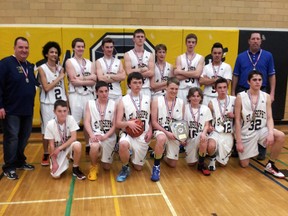 The St. Joseph's Catholic High School junior boys basketball team poses with its WOSSAA 'AA' gold medals in February after the tournament at Central Elgin Collegiate Institute in St. Thomas. Submitted photo