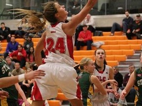 St. Lawrence Vikings forward Nicolle Gaudet, in action at the OCAA women's basketball championship tournament, is the female athlete of the month for February at the Kingston campus.