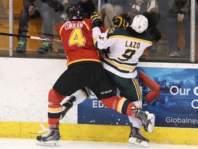 Golden Bears centre forward Johnny Lazo and Dinos defenceman Kodie Curran tangle during first-period action Friday at the Clare Drake Arena. (Iaqn Kucerak, Edmonton Sun)