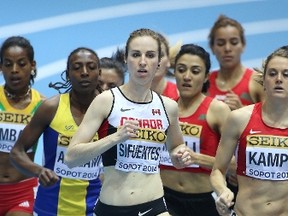 Winnipeg’s Nicole Sifuentes (centre) leads the pack during the women’s 1.500 metres final on her way to a bronze medal at the IAAF World Indoor Championships, Saturday in Sopot, Poland. Sifuentes claimed the bronze in a Canadian indoor record time of 4:07.61. Claus Andersen/Athletics Canada