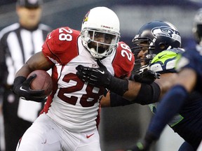 Arizona Cardinals running back Rashard Mendenhall (28) rushes against Seattle Seahawks defensive tackle Brandon Mebane (92) during the second half at CenturyLink Field last season. (Joe Nicholson-USA TODAY Sports)