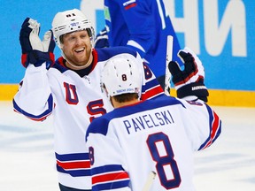 Phil Kessel (left) and Joe Pavelski were linemates for Team USA at the Olympics, but will square off against each other on Tuesday when the Leafs play the Sharks at San Jose. (Reuters)
