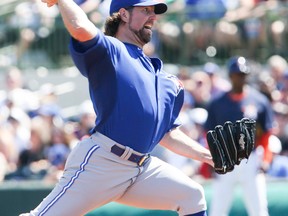Toronto Blue Jays pitcher R.A Dickey allowed no runs over five innings against the Twins in Kissimee, Fla., yesterday. (Veronica Henri/Toronto Sun)