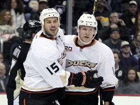 Anaheim Ducks forwards Ryan Getzlaf (15) and Corey Perry (10). (CHARLES LeCLAIRE/USA TODAY Sports)