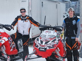 Local racers Paul Lebel (left) and Jacob Gervais competed in this weekend's Sudbury Snowcross Championships at Sudbury Downs. Gervais finished third in his class.