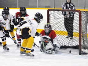Erica Pletsch (4) of the Mitchell Atom girls fires the puck into the open net during playoff action against BAD on March 2, a 3-0 Mitchell victory. ANDY BADER/MITCHELL ADVOCATE
