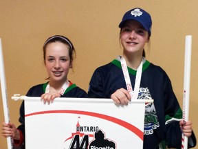 Mitchell residents Madison McKellar (left) and Alison McCann were members of the London Lynx U14AA ringette team which won the provincial championship in Ottawa this past weekend. The girls and their teammates qualified for the Eastern Canadian championships next month in Mississauga. SUBMITTED