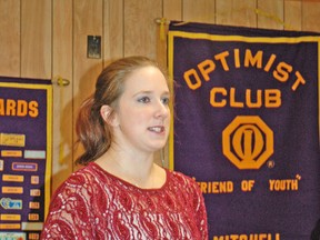 Katie Neu, co-executive director and co-founder of Bullying Canada Inc., spoke to members of the Mitchell Optimist Club March 4 at the Mitchell Friendship Centre. Neu was invited to share her story and what her organization is doing to help fight bullying in Canada today. KRISTINE JEAN/MITCHELL ADVOCATE