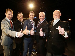 Jeff Marek, George Stroumboulopoulos, Daren Millard, Ron MacLean and Don Cherry as Rogers unveils Hockey Night In Canada team on Monday, March 10, 2014. (Craig Robertson/Toronto Sun)