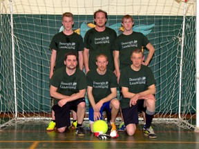 CONTRIBUTED PHOTO
Tillsonburg Indoor Soccer 2014 League Champs – DoneRight Landscaping – Front row: Nathan Matos, Don Evanitski, Arie Verveer. Back row: Eric Kok, Mac Robinson, Max Evanitski. (Absent: Matt Robertson).