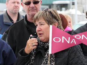 JOHN LAPPA/THE SUDBURY STAR     
Pam Mancuso, vice-president of Region 1 of the Ontario Nurses' Association, makes a point at a rally outside the Paris Street entrance to Health Sciences North in Sudbury on Monday.