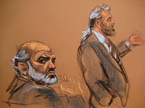 Suleiman Abu Ghaith, left, a son-in-law of Osama bin Laden, is shown in this courtroom sketch, sitting during his trial as defence attorney Stanley Cohen gives opening arguments in Manhattan Federal Court in New York on March 5, 2014. (REUTERS/Jane Rosenburg)