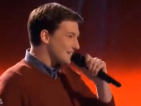 Caleb Elder, Adam Levine's last pick, singing on the final cutting round of The Voice.

(Courtesy NBC)