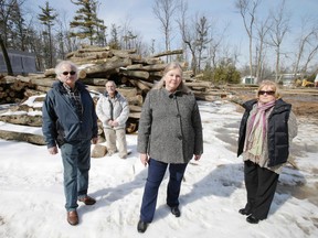 Trish Spindle (grey jacket) and her husband Harry Spindle (blue jacket)  along with Guildwood residents Derek McBride (grey jacket) and Sherri Lang (black vest) stand among the many trees that have been cut down in Guild Park Tuesday March 11, 2014. (Craig Robertson/Toronto Sun)