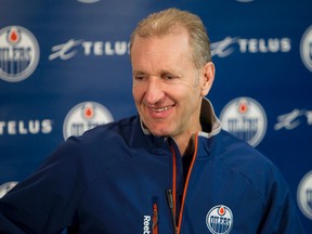 Head coach Ralph Krueger speaks to the media after an Edmonton Oilers practice held at Rexall Place in Edmonton, Alta., on Tuesday, March 19, 2013. The team takes on the San Jose Sharks on March 20. (Ian Kucerak/QMI Agency)