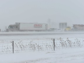 A collision on Highway 402 near Airport Road is seen here Telfer Road Wednesday afternoon. Poor weather conditions caused multiple crashes and road closures Wednesday. (Submitted courtesy of J. Barnard)