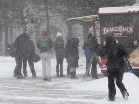 Queen's University students and faculty brave the strong winds and blowing snow to wait in line at the mobile Beavertail truck on University Avenue during the late winter storm on Wednesday March 12. 
Julia McKay/Kingston Whig-Standard/QMI Agency