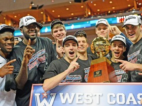 The Gonzaga Bulldogs (including Canadian Kevin Pangos, second from right) celebrate after winning the West Coast Conference championship on Tuesday. (AFP)