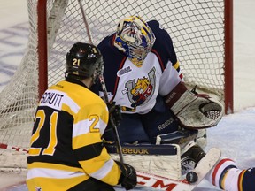 Kingston Frontenacs' Sam Schutt gets a scoring chance on Barrie Colts goalie Mackenzie Blackwood during Ontario Hockey League action at the Rogers K-Rock Centre on Wednesday night. (Ian MacAlpine/The Whig-Standard)