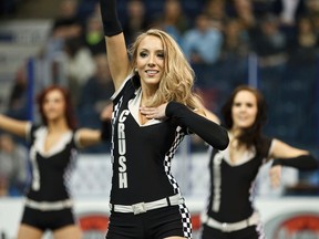 Members of the Crush dance team perform as the Edmonton Rush take on the Vancouver Stealth at Crystal Field at Rexall Place in Edmonton, Alta., on Saturday, March 8, 2014. The Dallas Cowboys cheerleaders also performed at the game. Ian Kucerak/Edmonton Sun/QMI Agency