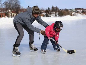 JOHN LAPPA/THE SUDBURY STAR
Andrea Gatien keeps her daughter, Ella, 4, steady as the youngster works on her slap shot on the Ramsey Lake skating path in this file photo.