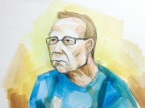 An illustration of police mole Benoit Roberge shows him appearing frail and sheepish in the prisoner's box Thursday as the guilty plea was announced in court on March 13, 2014. (Delf Berg/QMI Agency)