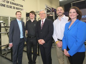 Today, the Province announced new, a specialized concussion clinic for youth is set to open.  From the left -- Dr. Michael Ellis, neurosurgeon, Mark Scheifele. athelete, Premier Greg Selinger, Buck Pierce, and the Honorable Erin Selby. (Chris Procaylo/Winnipeg Sun)