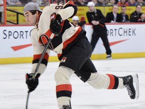 Ottawa Senators’ #93 Mika Zibanejad takes part in the hardest shot event during the Sens Skills Competition at the Canadian Tire Centre in Ottawa on Wednesday, Mar. 12, 2014. (Matthew Usherwood/ Ottawa Sun)