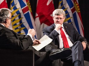 Canadian Prime Minister Stephen Harper (right) participates in a  question and answer session with John Winter, President and CEO of the BC Chamber of Commerce, (left) in Vancouver, B.C. on Wednesday March 12, 2014. (Carmine Marinelli/QMI Agency)